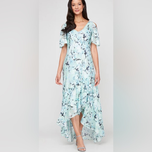 Alex Evenings Dresses & Skirts - Alex Evenings Floral Jacquard Dress with Flounce Hi-Low Hem V-Neck NWOT